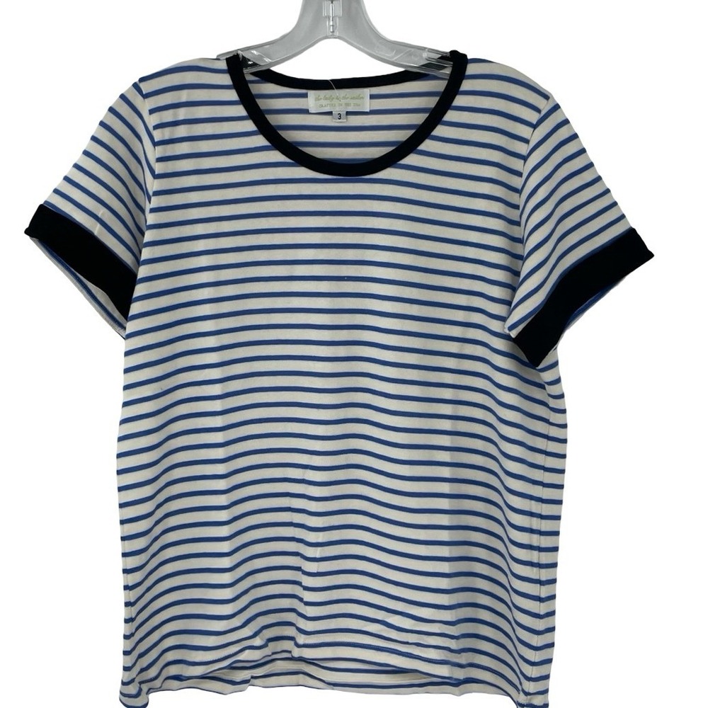 The Lady & The Sailor Women's T-Shirt Striped Blue White Cotton Sz 2